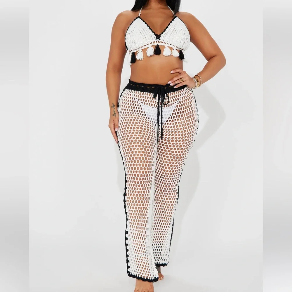 NWOT Fashion Nova Crochet Pants Set Black & White Small - Picture 1 of 4